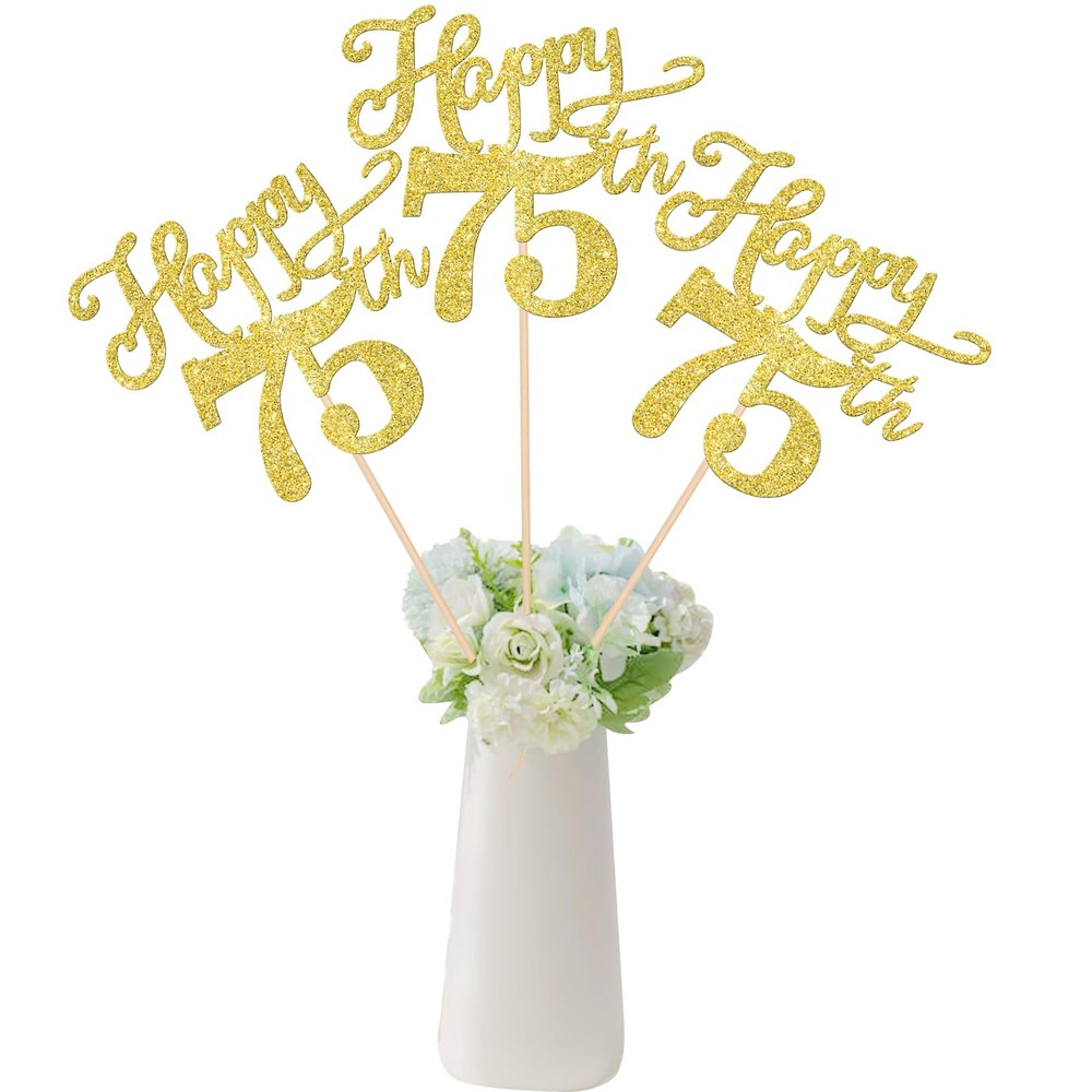 Happy 75th Birthday Centerpiece Sticks Gold Glitter Table Toppers 12 PCS Set