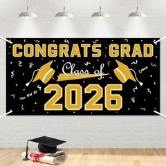 2026 Graduation Decorations – Polyester Graduation Backdrop – Black Gold