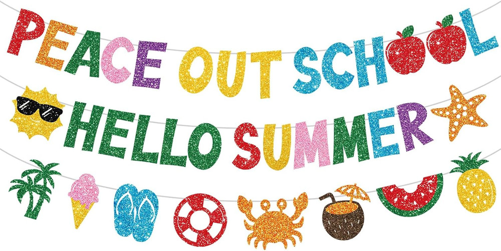 Glittery Peace Out School Hello Summer Banner NO-DIY Colorful Last Day of School