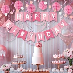 Birthday Decorations Kit – 16-Piece Set with Pre-Strung Happy Birthday Pink