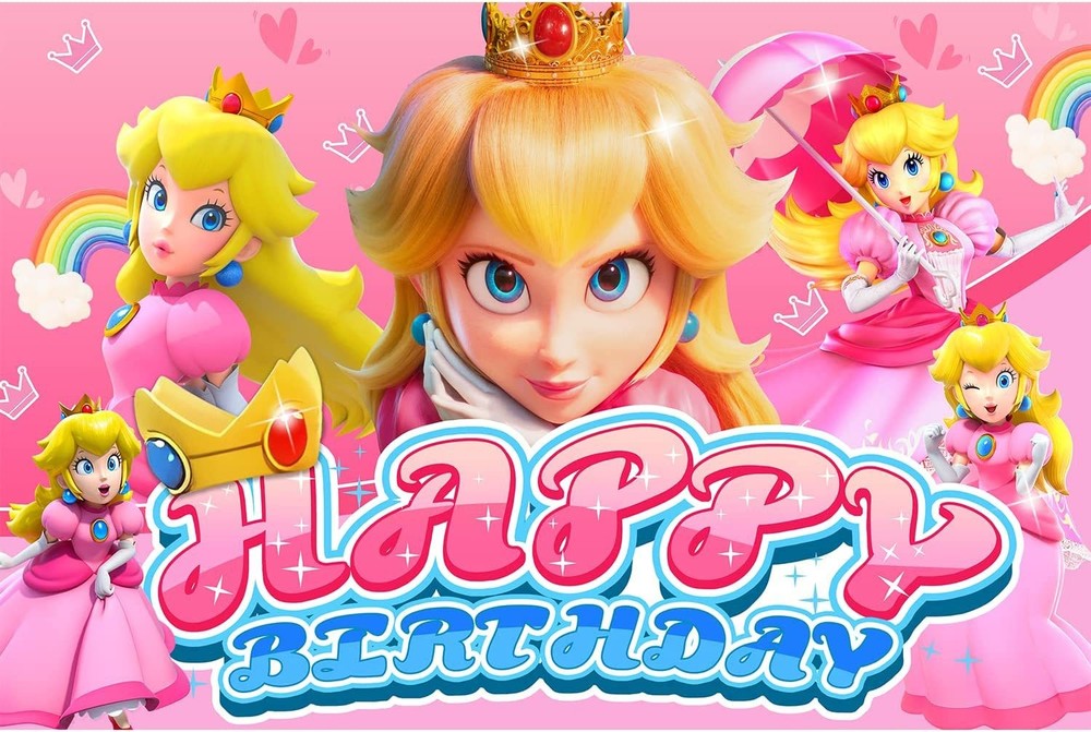 Peach Princess Happy Birthday Backdrop Photo Background Party Banner Decor