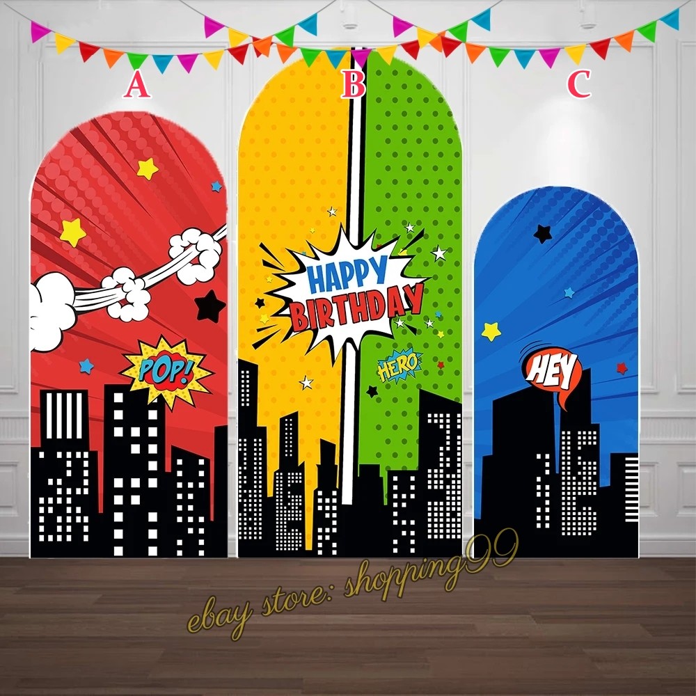Comic Superheroes City Building Arch Backdrop Cover Birthday Party Decorations