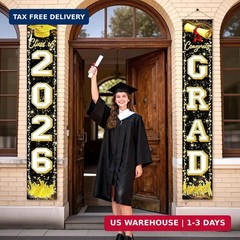 Fecedy Black Gold Graduation Decorations Class of 2026 Congrats GRAD Porch Sign