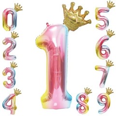 40 Inch Rainbow Balloon with Crown- Giant Gradient Foil Balloon for Number 1