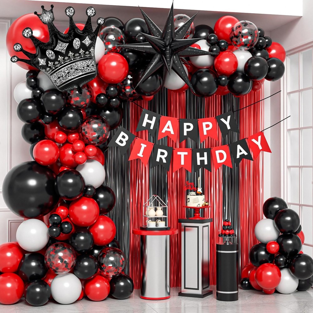 Red and Black Birthday Party Decorations, White Foil Balloons
