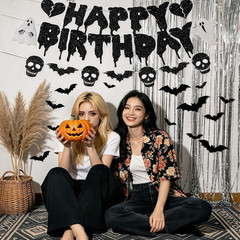 Glitter Black Halloween Birthday Banner-Heart Ghost and Skull Happy Birthday Dec