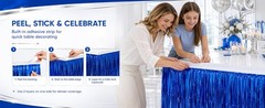 4-Pack Blue Foil Fringe Table Skirt, Disposable Metallic Tinsel Streamers, Photo