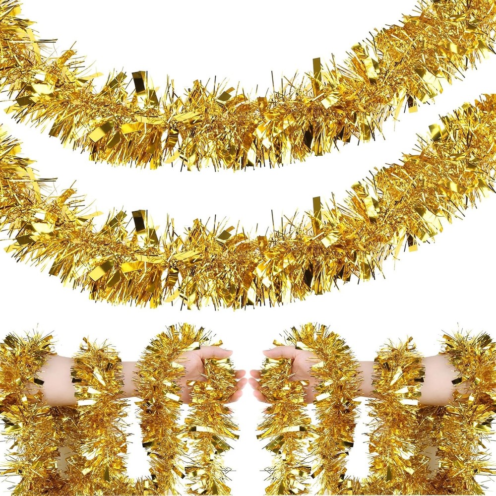 4 Pcs Gold Tinsel Garland Each 6.56 FT Hanging Glitter Metallic Foil Textured
