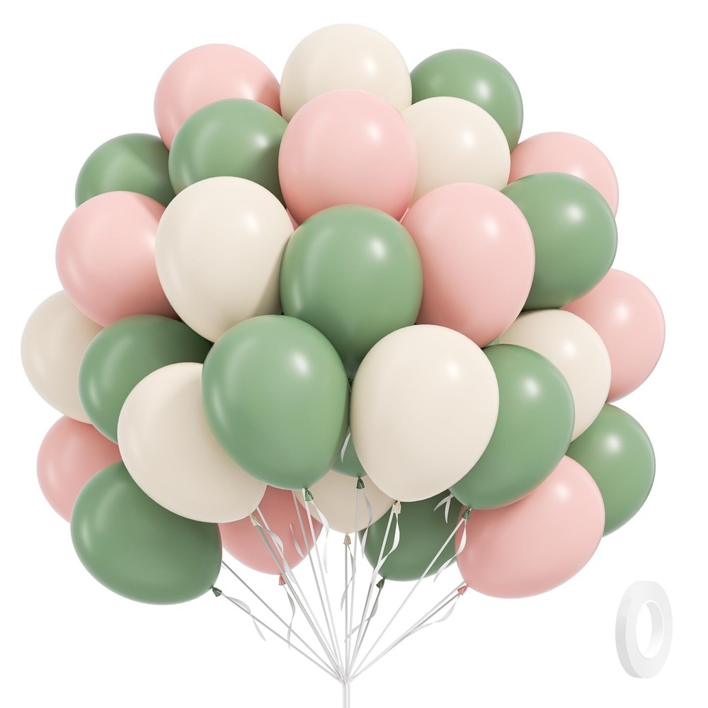 Pink and Green Balloons, 60pcs 12inch Sage Green Light Pink Sand White Balloo…