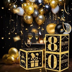 80th Birthday Decorations Boxes for Men- 3pcs Black Gold Happy 80th Birthday …