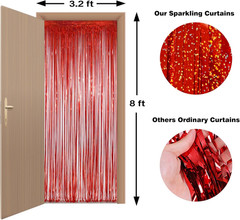 Red Tinsel Foil Fringe Curtains – 2 Pack Party Backdrop 3.2×8 ft