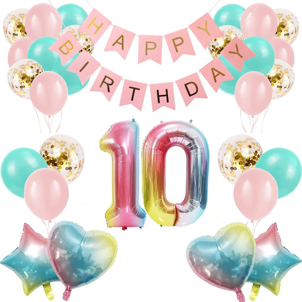 10th Gradient Color Balloons with Happy Banner and Party Supplies for Girls &…