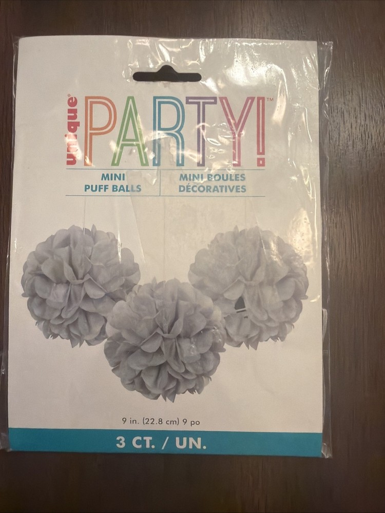 Unique Mini Puff Balls White Paper Party Decorations 9in 3 Count Solid Grey