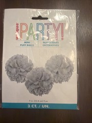 Unique Mini Puff Balls White Paper Party Decorations 9in 3 Count Solid Grey