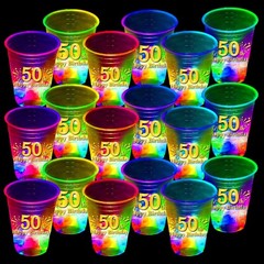 mishunyus 24 Pack Glow 50th Birthday Party Cups – 16 oz 50th Cups with Gold F…