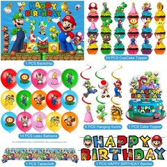 Mario Theme Birthday Party Supplies Set – Banner, Backdrop, Balloons, Tablecloth