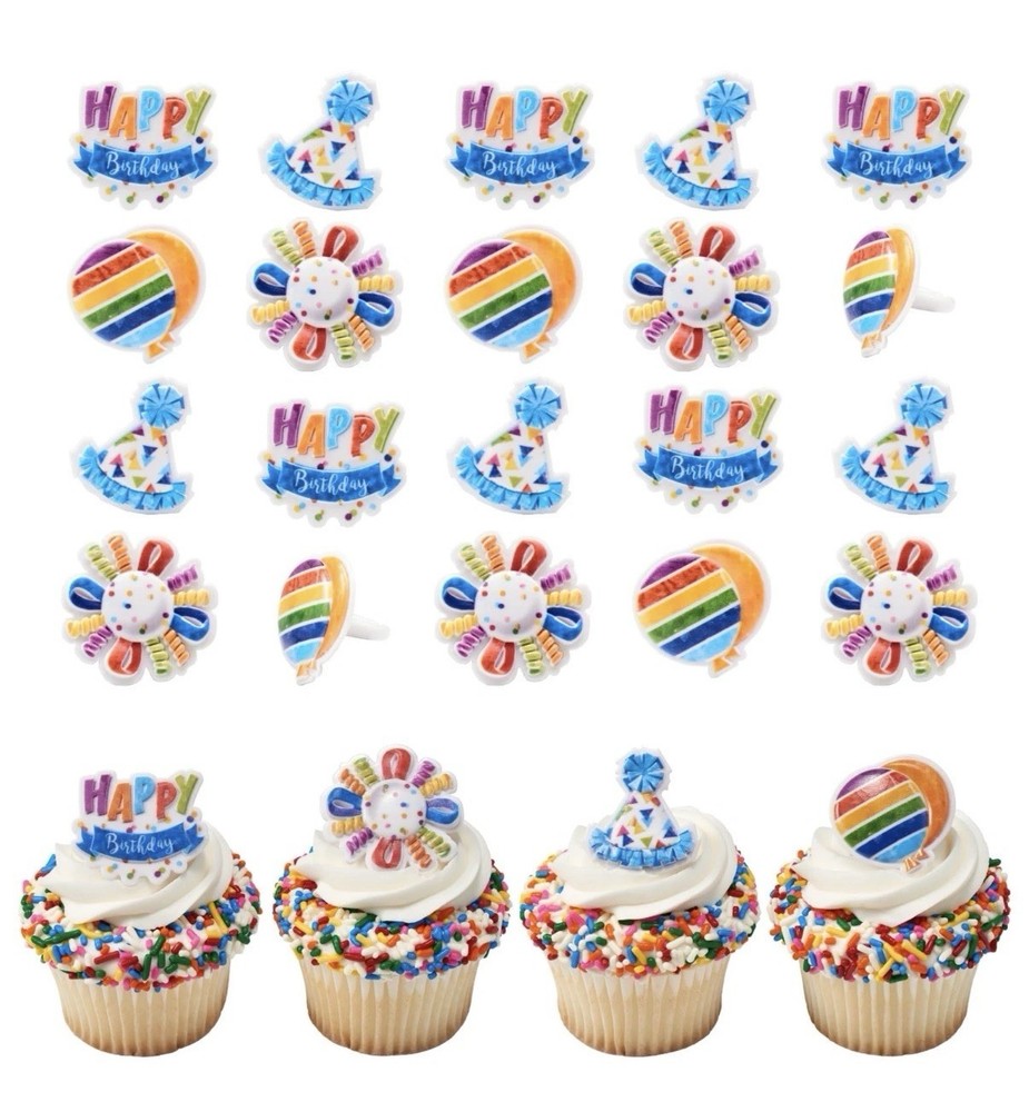 Happy Birthday Rings 32 Cupcake Toppers Featuring Multi-Colored Balloons Part…
