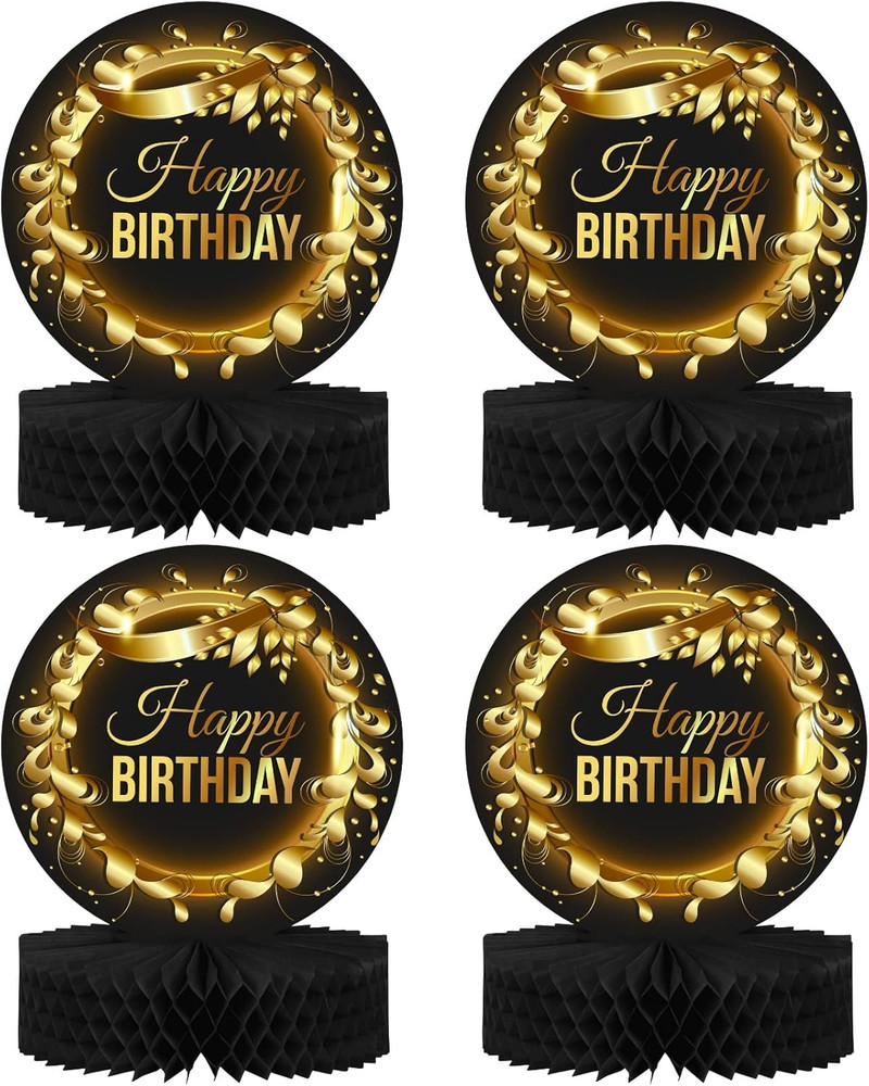 Happy Birthday Table Decoration Centerpieces – (4 Pack, Black & Rose Gold), D…