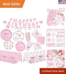Pink Bow Happy Birthday Decorations Set for 24: Bachelorette Party Supplies K…