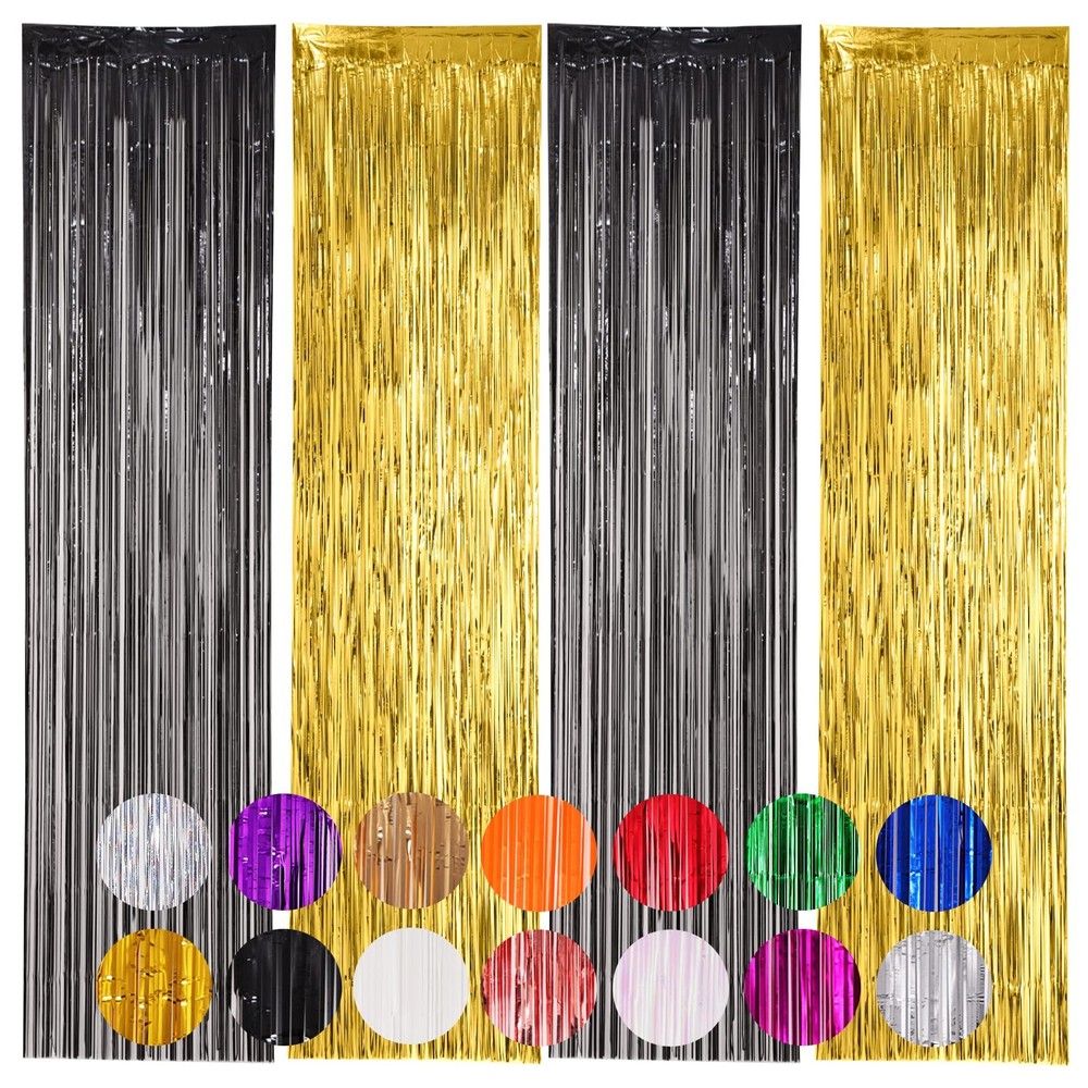 4 PCS Black Gold Foil Fringe Backdrop Curtains Tinsel Streamers Party Decor