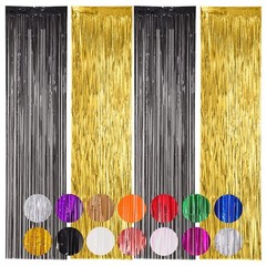 4 PCS Black Gold Foil Fringe Backdrop Curtains Tinsel Streamers Party Decor