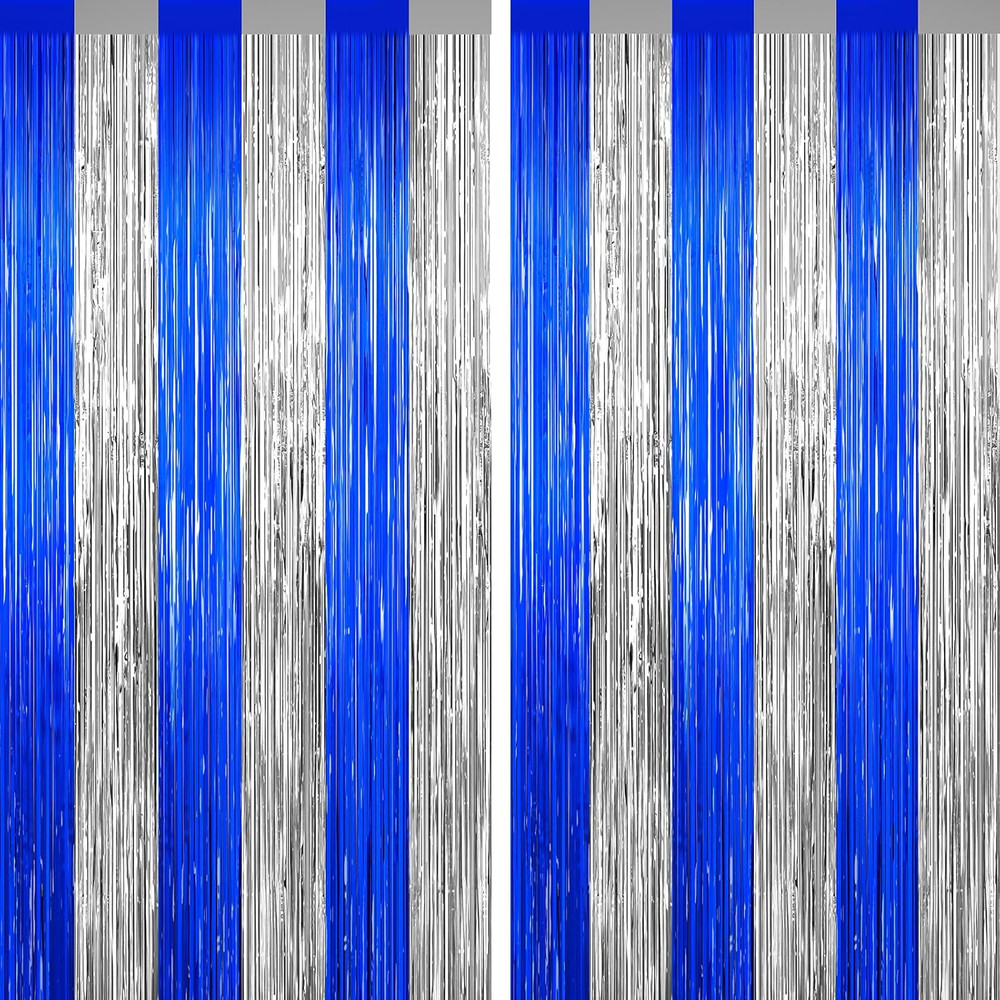 Silver and Blue Tinsel Backdrop Foil Fringe Curtains – 2 Packs Door Streamers Ba
