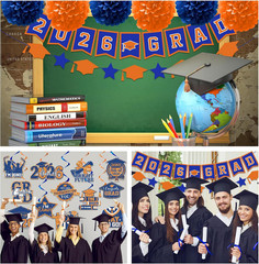 Orange and Blue Graduation Decorations, Grad Banner and Congrats Grad Hanging Sw
