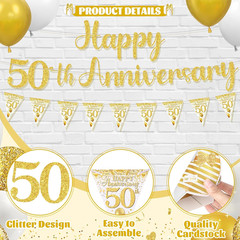 50Th Wedding Anniversary Decorations, White Gold Happy 50Th Anniversary Banner H