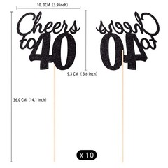 10 Pack Cheers To 40 Black Glitter 40th Birthday Centerpiece Topper Sticks