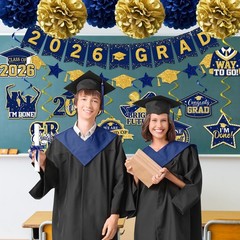 Navy Blue Graduation Decorations, 2026 Grad Banner and Congrats Grad Hanging …