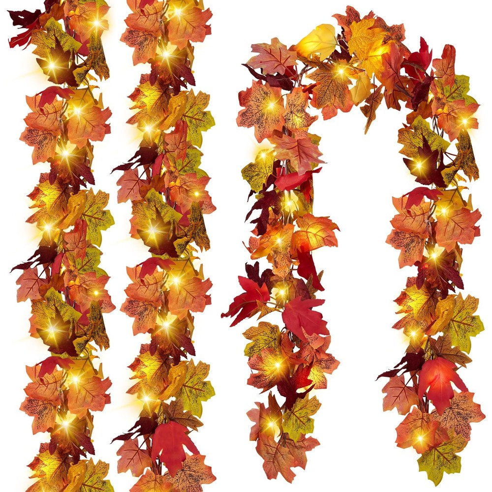 3 Pack Fall Leaf Garland with Lights, Total 17.7 Ft String Lights Fall Vines …