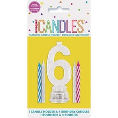 Blue Plastic Number 6 Flashing Candle Holder With Birthday 3″, Multicolor