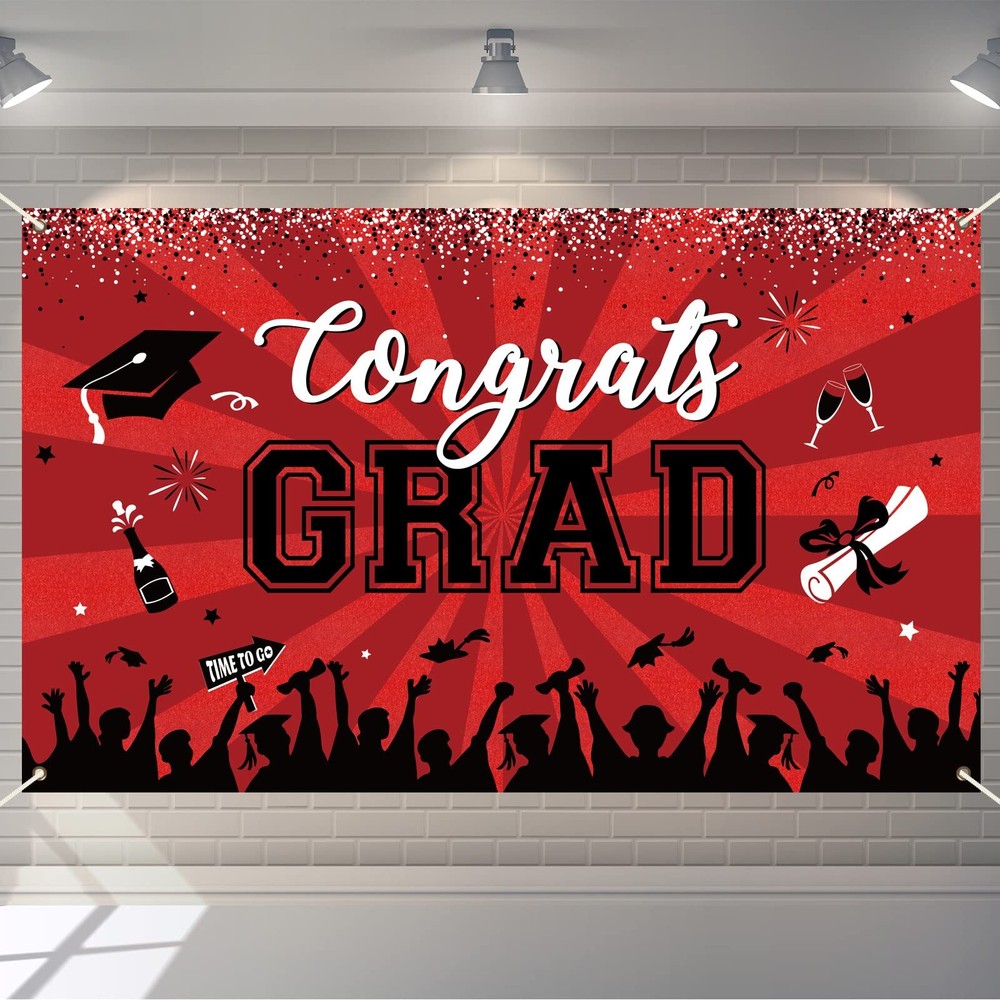 Graduation Decorations 2024 Party Backdrop Banner Red Black Photo Booth Props