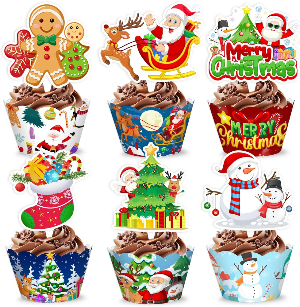 48PCS Christmas Themed Birthday Party Decorations | 24PCS Cupcake Toppers & 24PC
