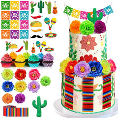 33 PCS Mexican Fiesta Cake Topper Mini Mexican Papel Picado Banner Cactus Pepper