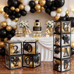 4 Pcs 2026 Graduation Balloon Boxes, Black & Gold Party Decorations with Blessin