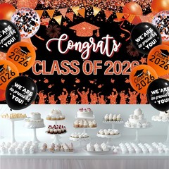Orange and Black Graduation Decorations Class of 2026 Banner with 18 Pcs Grad Ba