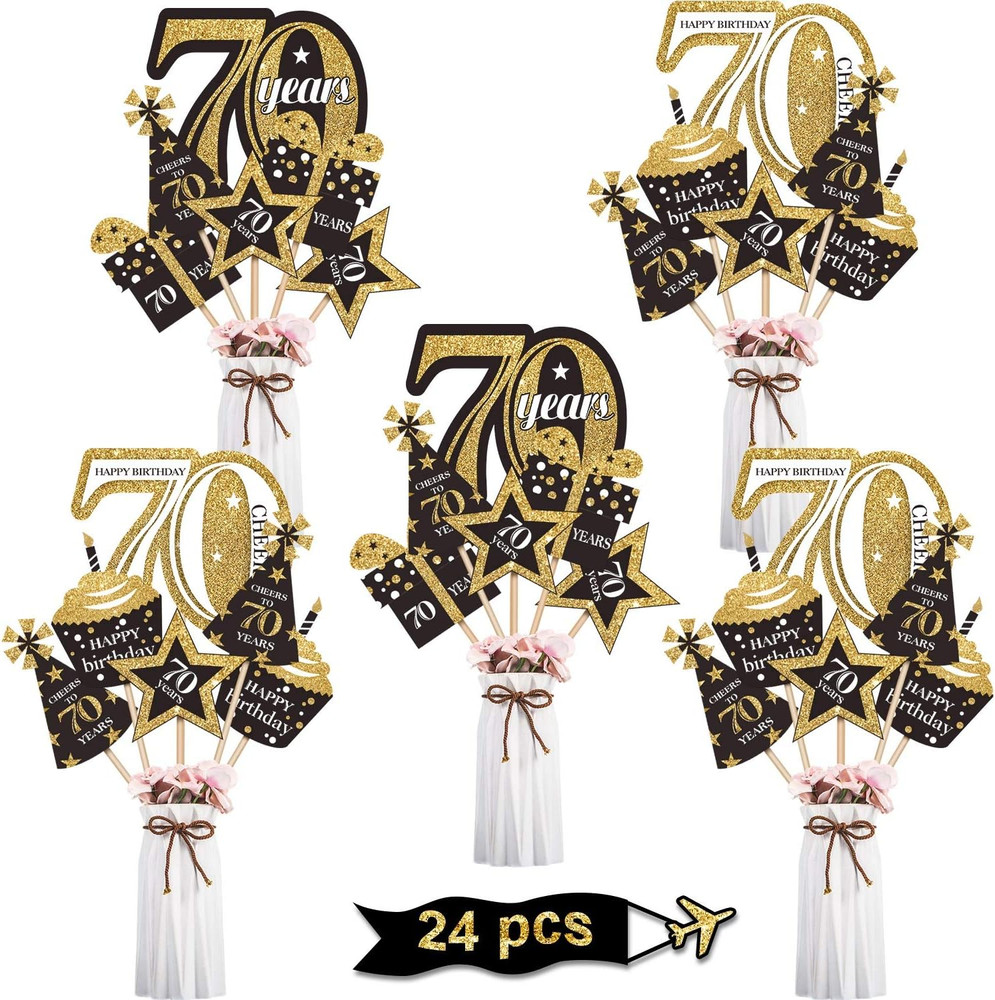70th Birthday Centerpiece Sticks Gold Glitter Table Toppers Party Decor 24 Packs