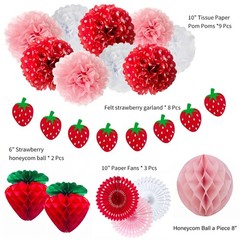 Strawberry Party Decorations Red Pink White Tissue Pom Poms Fans Honeycom Bal…