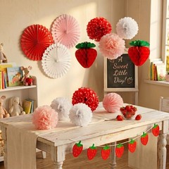 Strawberry Party Decorations Red Pink White Tissue Pom Poms Fans Honeycom Bal…