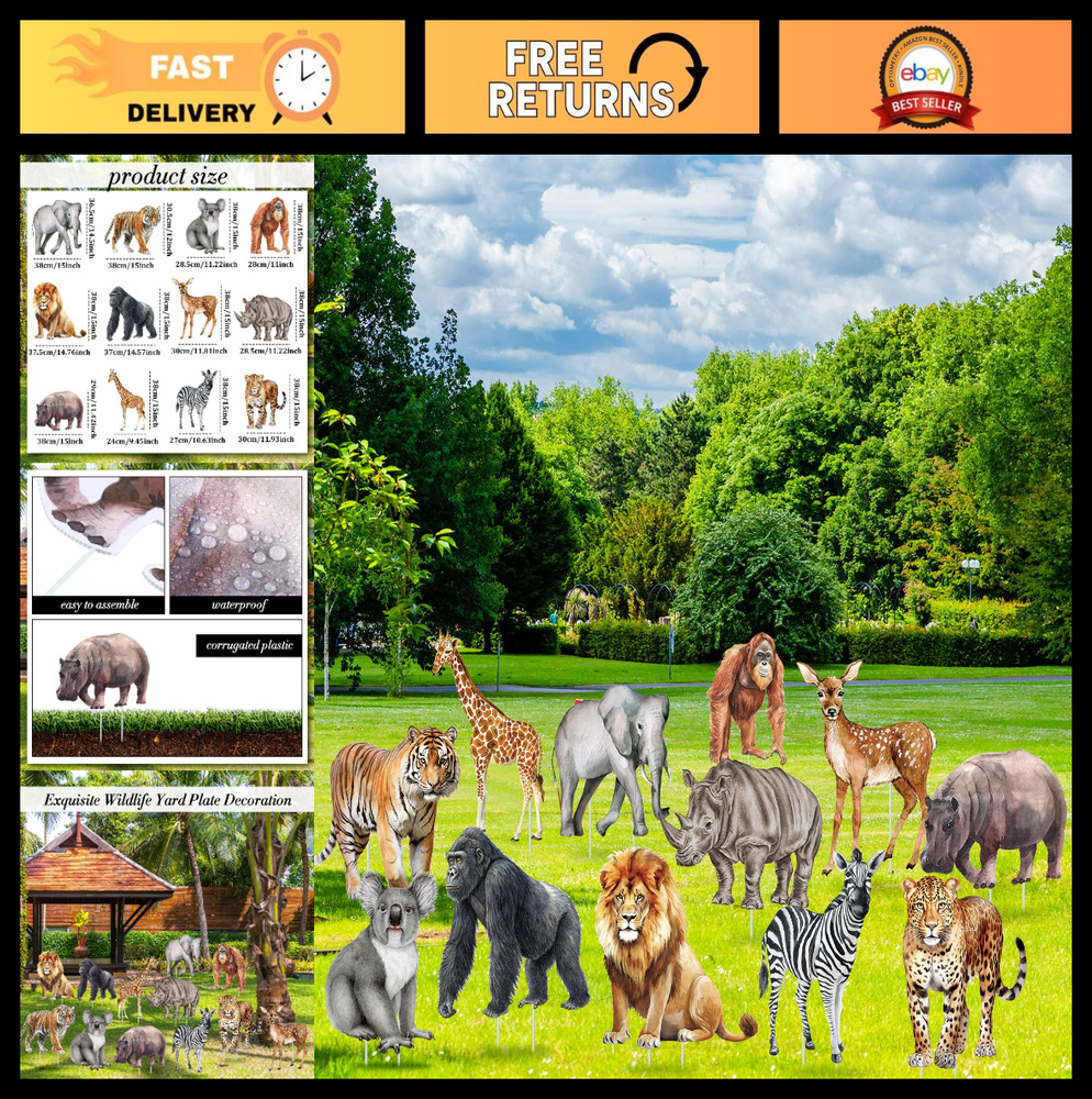 12 Pcs Safari Jungle Animal Yard Signs – Waterproof Wild Animal Lawn Stakes for