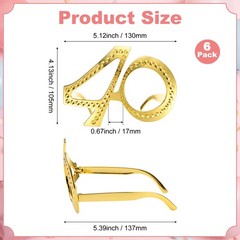 6-Pack Birthday Glasses with Rhinestones, 40th Photo Booth Props [Gold]