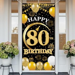 80th Birthday Decorations Door Banner – 1 Pcs Glitter Gold 80th Gold Black