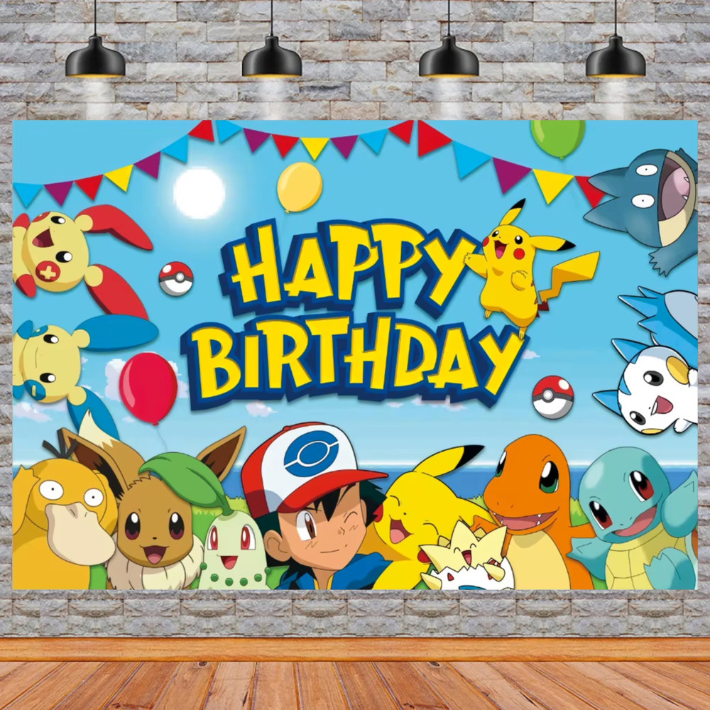 Pokemon Theme Birthday Party Backdrop Decor 5x3ft Blue Pikachu Banner Decoration