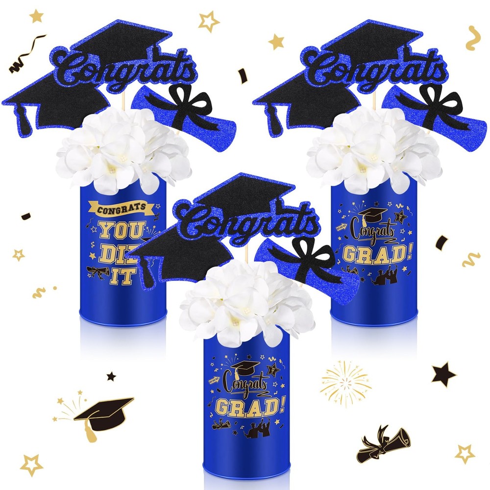 3 Sets Class of 2025 Graduation Centerpieces Blue Silk Flower Metal Vase