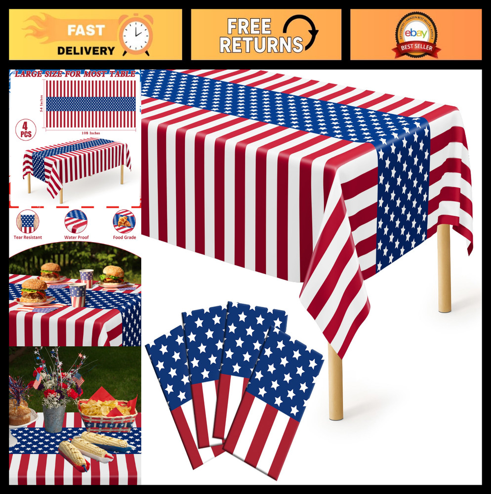 4th of July Tablecloths – 4 Pack Patriotic Disposable Covers, 108×54 in, Waterpr