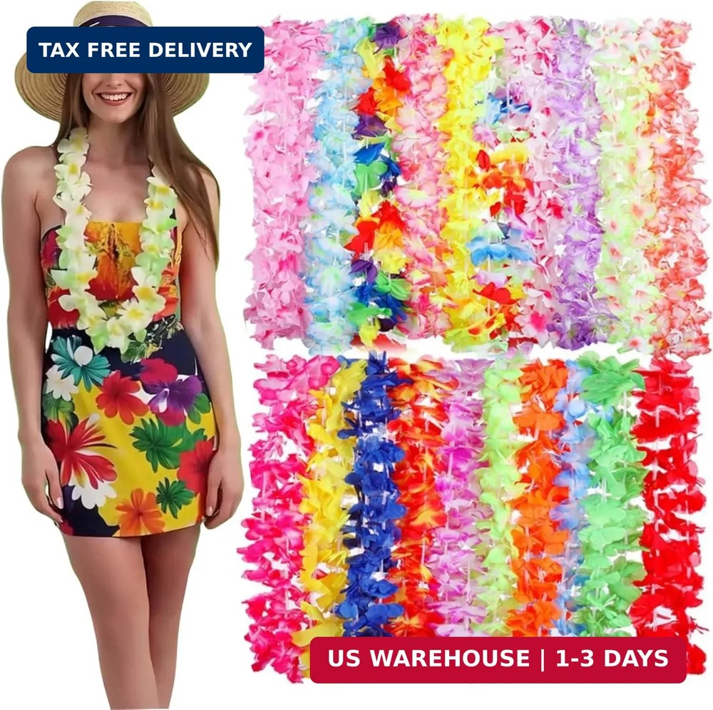 Hawaiian Leis for Luau Party, 50 Pcs Tropical Hawaiian Flowers, Adjustable Neckl