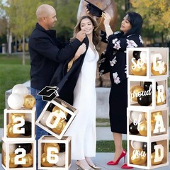 2026 Graduation Party Decorations, 4Pcs White Boxes with 30Pcs Black White Go…