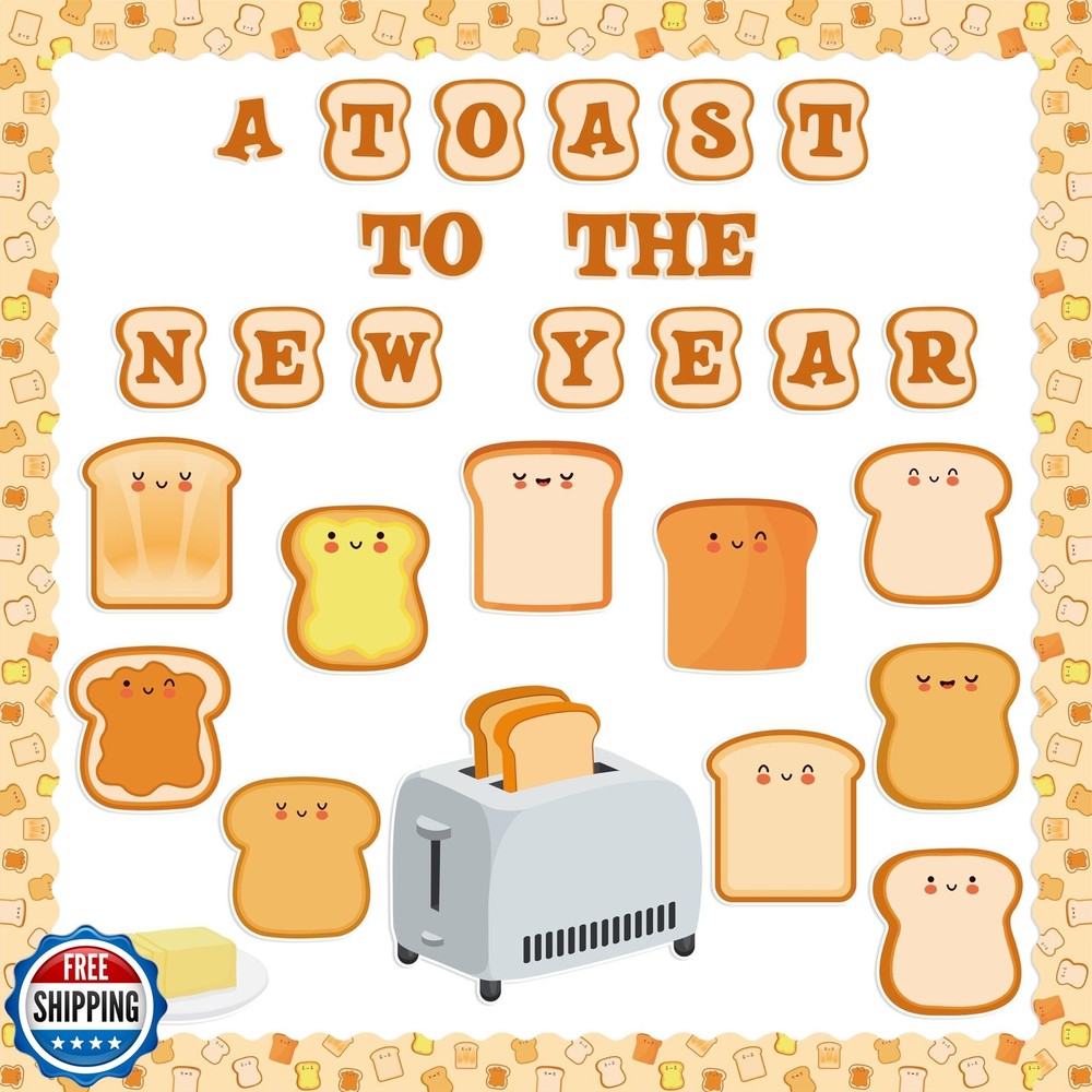 BkeeCten New Year Bulletin Board – 107 Pcs Cute Toast Pattern Cardstock Cutou
