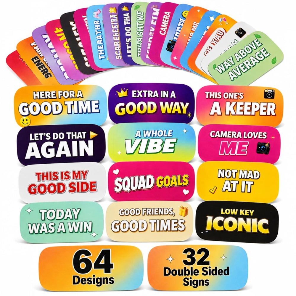 64 Designs Funny Photo Booth Props, 32 Double Sided PVC Signs